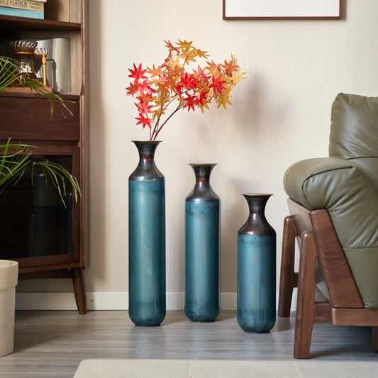 Torch-Fired Blue Metal Floor Vase Set