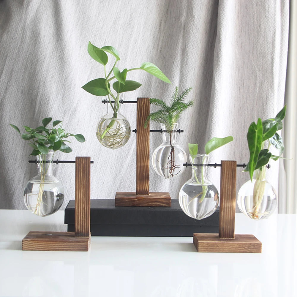 Wooden Stand Hydroponic Plant Vase