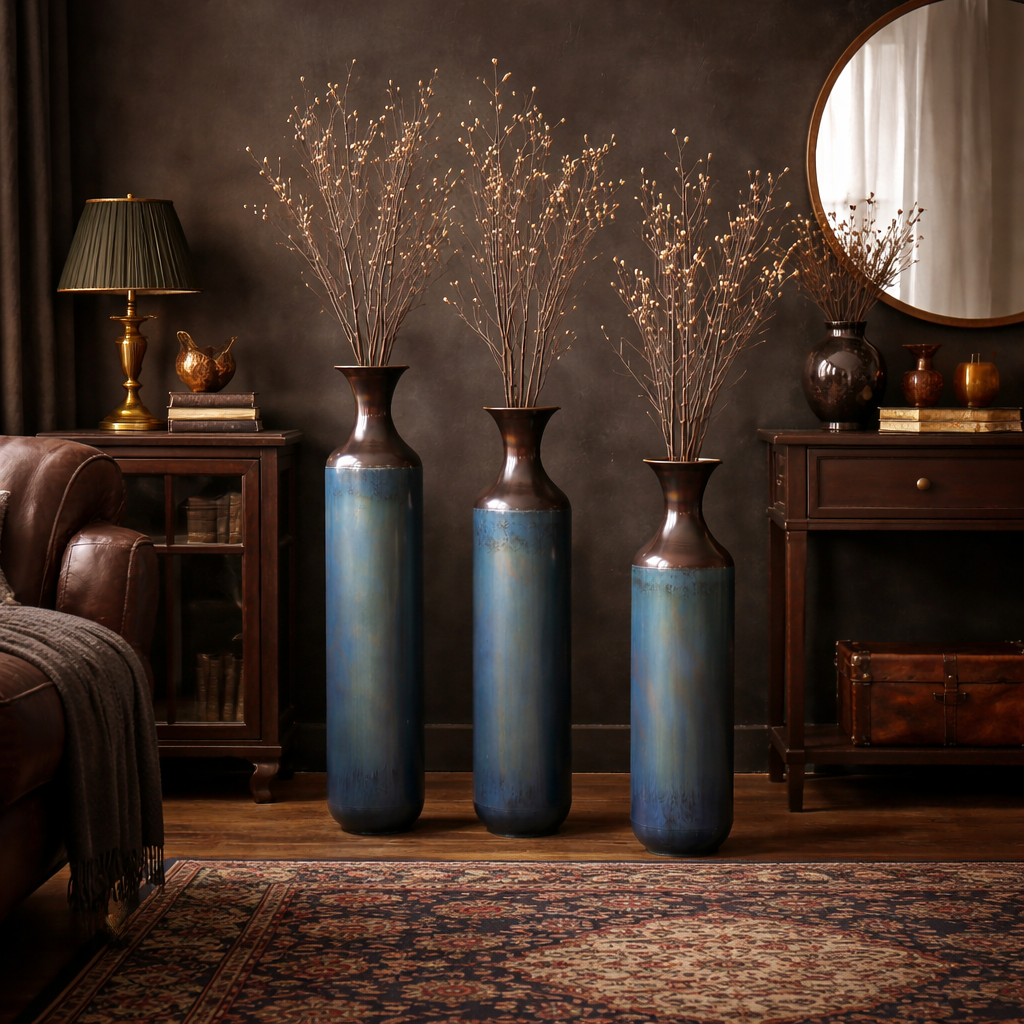 Torch-Fired Blue Metal Floor Vase Set