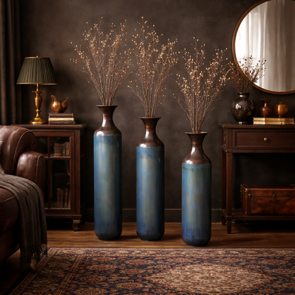 Torch-Fired Blue Metal Floor Vase Set